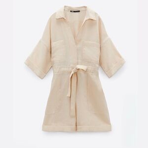 Zara Cream Lyocell Utility Romper XS Short Sleeve Tie Waist ✨